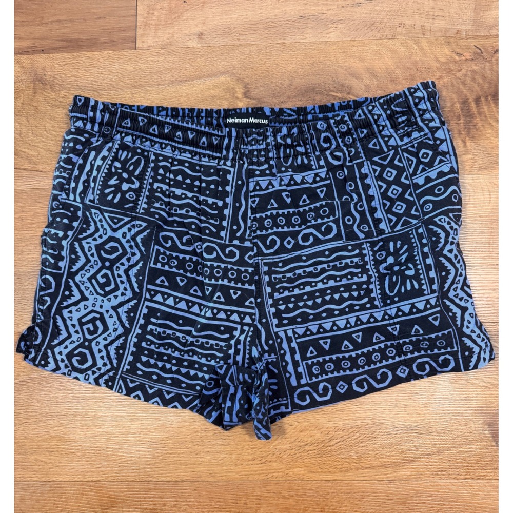 VTG Neiman Marcus Mens Blue Black Tribal Print‎ Lined Swim Trunks Shorts  Medium